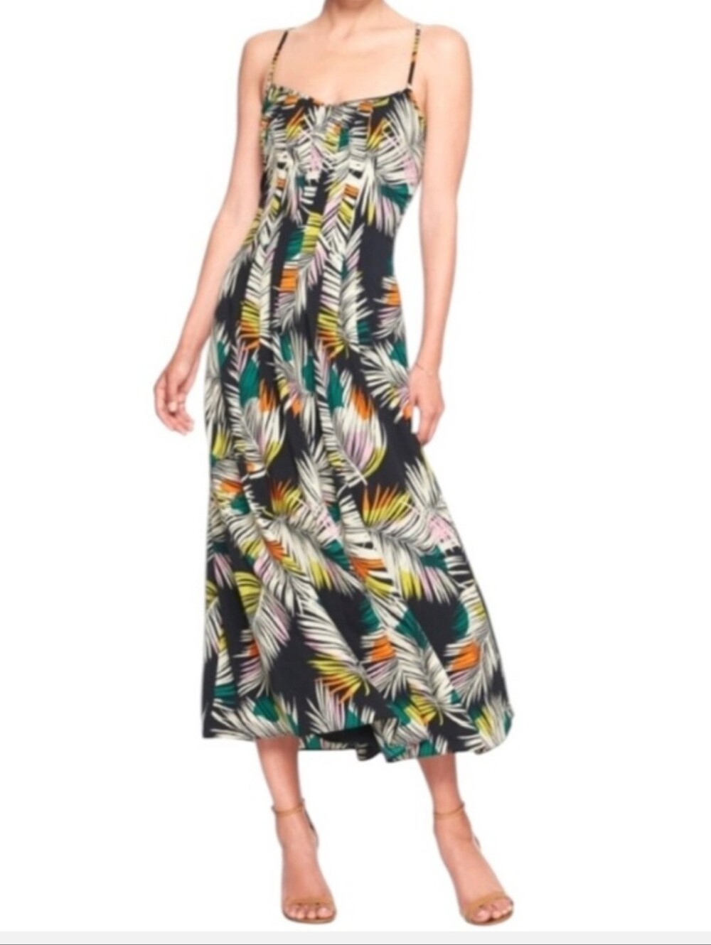 Banana Republic Size 8 Black Tropical Leaf Midi Fitted Vacation Summer Dress